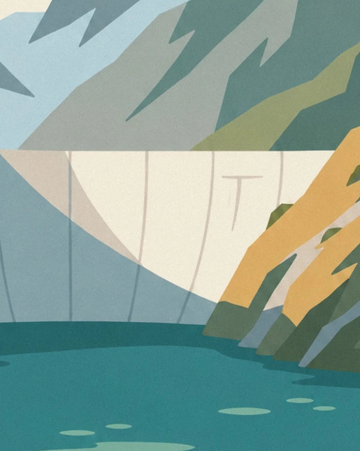 The dam with pale walls between rocky slopes and turquoise waters