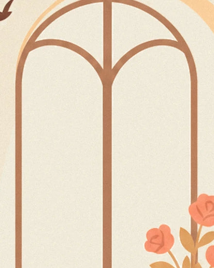 The arched window with brown frames, bordered by pink flowers and golden leaves