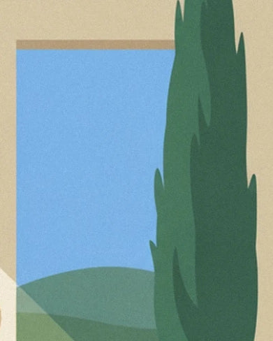 A green cypress against the blue sky and hills, within the pale frame