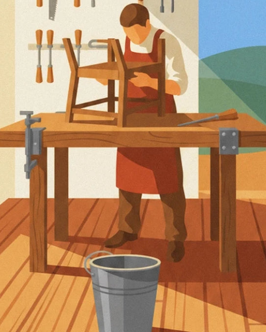 The craftsman in a red apron, his upturned chair on the workbench and the grey bucket
