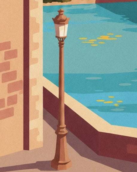 Un réverbère brun au bord du Rhône bleu turquoise, près d’un mur ocre