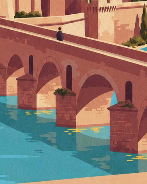 Les arches du pont Saint-Bénézet sur le Rhône turquoise et un passant sur le tablier