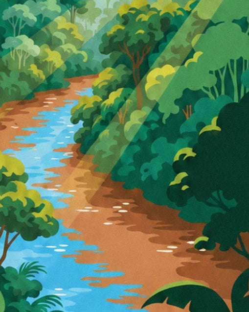 The brown and blue river winding between the trees, with shafts of light