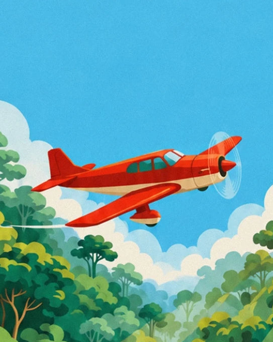The red propeller plane in the blue sky, above the clouds and canopy