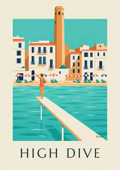 Affiche baigneuse sur un plongeoir en bois face à la mer : l'affiche entière