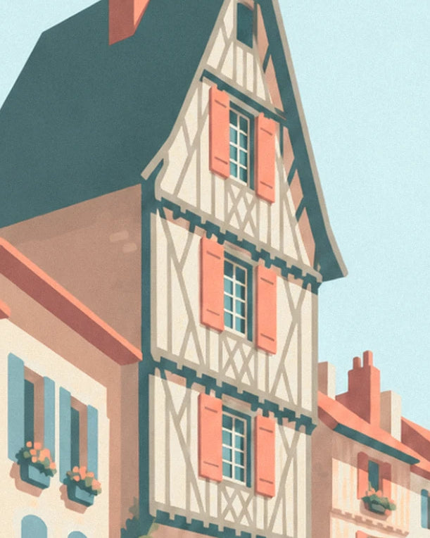 Maison à colombages aux volets corail, sous un grand toit d'ardoise bleu-vert