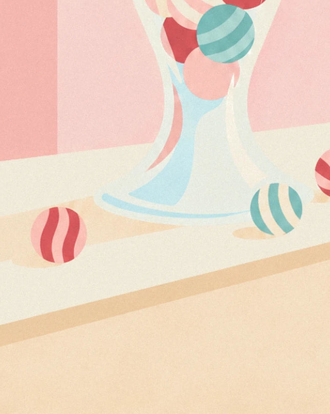 The flared base of the jar and the red and turquoise striped sweets on the counter