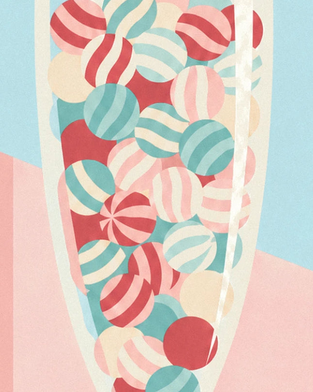 The red, pink and turquoise striped sweets piled in the glass jar
