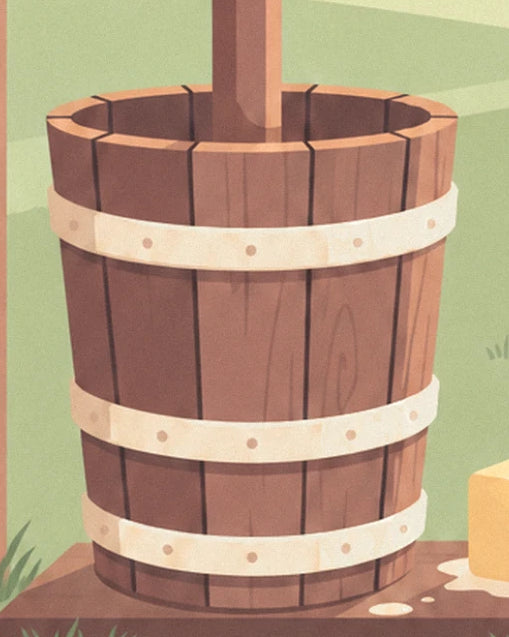 The brown wooden butter churn with its 3 pale hoops and upright handle