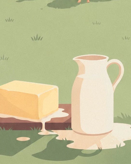 The cream jug and yellow butter on a board in the green grass