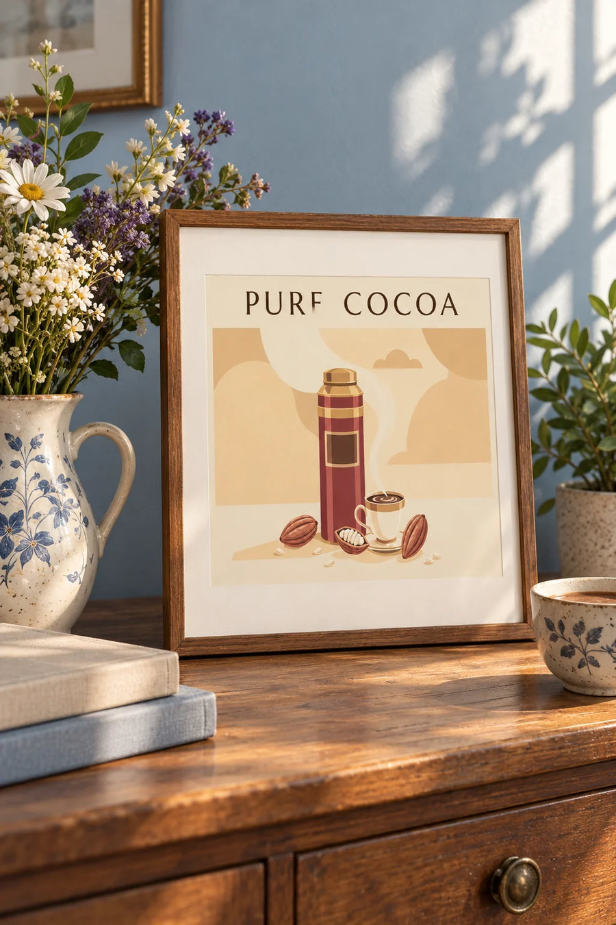 Cocoa tin and cup of hot chocolate poster: small A4 size, framed
