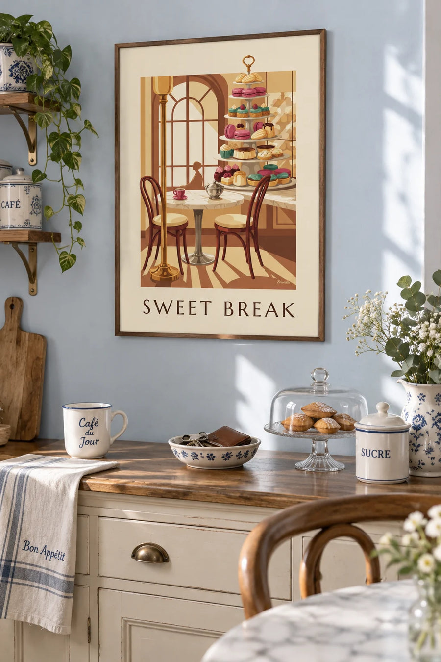 Poster of a café gourmand and petits fours in a Parisian tea room: framed on the wall