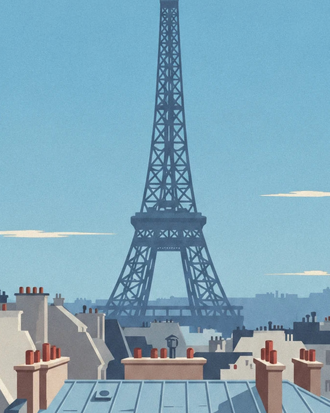 The blue tour Eiffel rising above the chimneys and rooftops of Paris