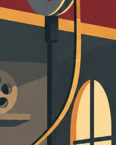 The golden film beside the film projector and a bright arched window