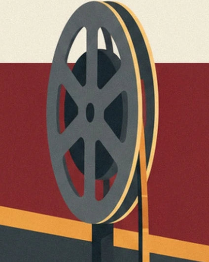 A large charcoal grey reel edged with golden film against a red background