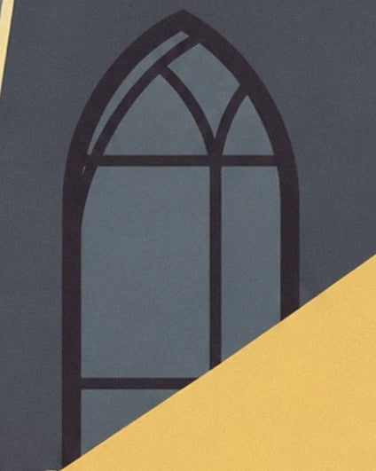 The projection booth’s pointed arch window crossed by a yellow beam