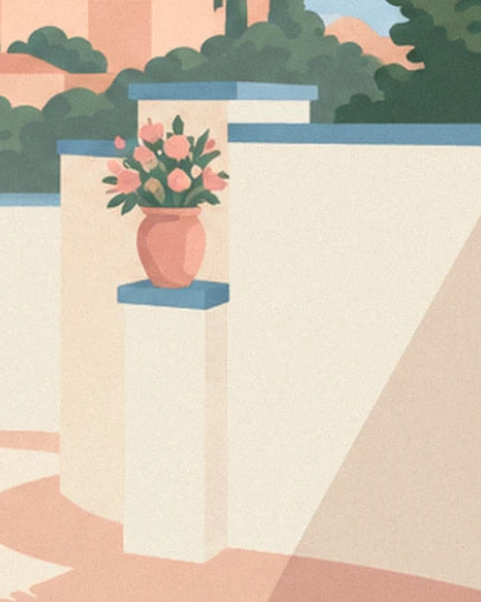 Le pot en terre cuite et son bouquet de fleurs roses sur un pilier blanc au liseré bleu