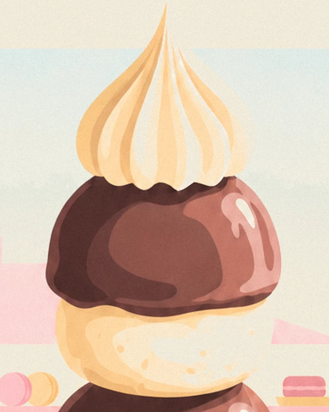 Le chou nappé de chocolat et sa haute pointe de crème dorée, en pâtisserie