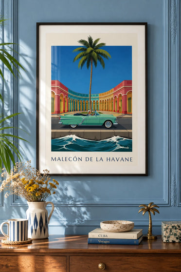 Plakat med mintgrøn cabriolet på Malecón i Havana: indrammet på væggen