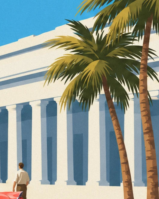 The white columns of the Capitole, 2 palm trees and a passer-by beside a pink car