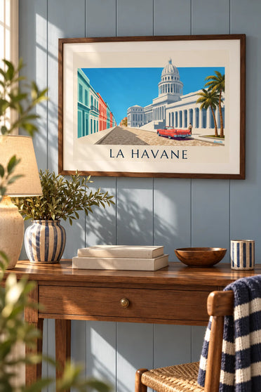 Affiche voiture ancienne devant le Capitole de La Havane : encadrée au mur