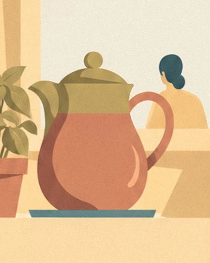 The rounded terracotta teapot with an olive lid, sitting on a blue tray