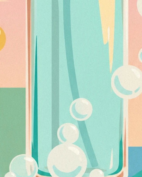 The base of the turquoise bottle surrounded by bubbles with cream highlights