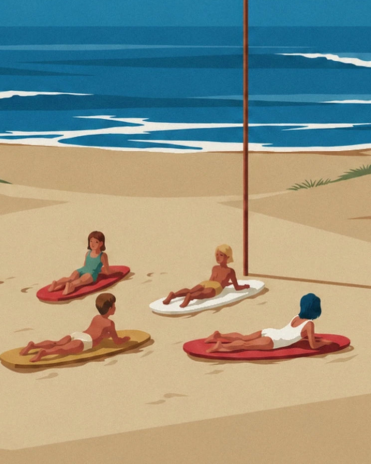 The 4 children on their red, white and yellow boards on the sand at Lacanau