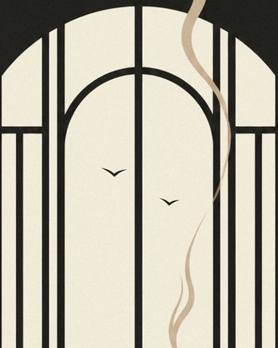 The arched window with black frames, 2 birds and a ribbon of beige smoke