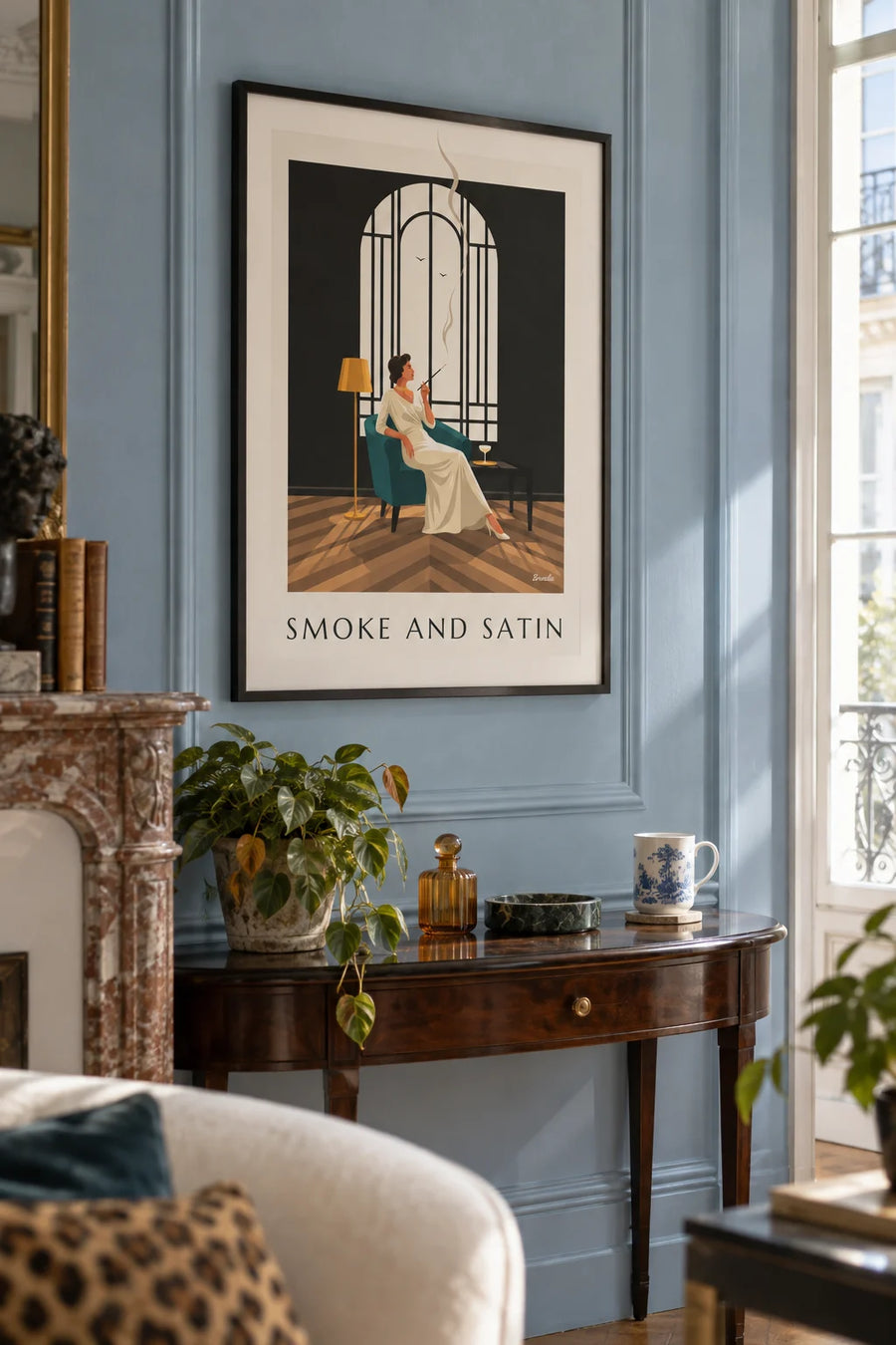 Poster of a glamorous woman with a long cigarette holder in a living room: framed on the wall