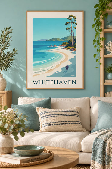 Plakat af Whitehaven Beach på Whitsunday Islands i Australien: indrammet på væggen