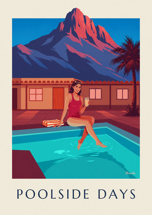 Plakat med kvinde i en swimmingpool på hustagene ved solnedgang: hele plakaten