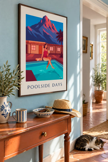 Plakat med kvinde i en swimmingpool på taget ved solnedgang: indrammet på væggen