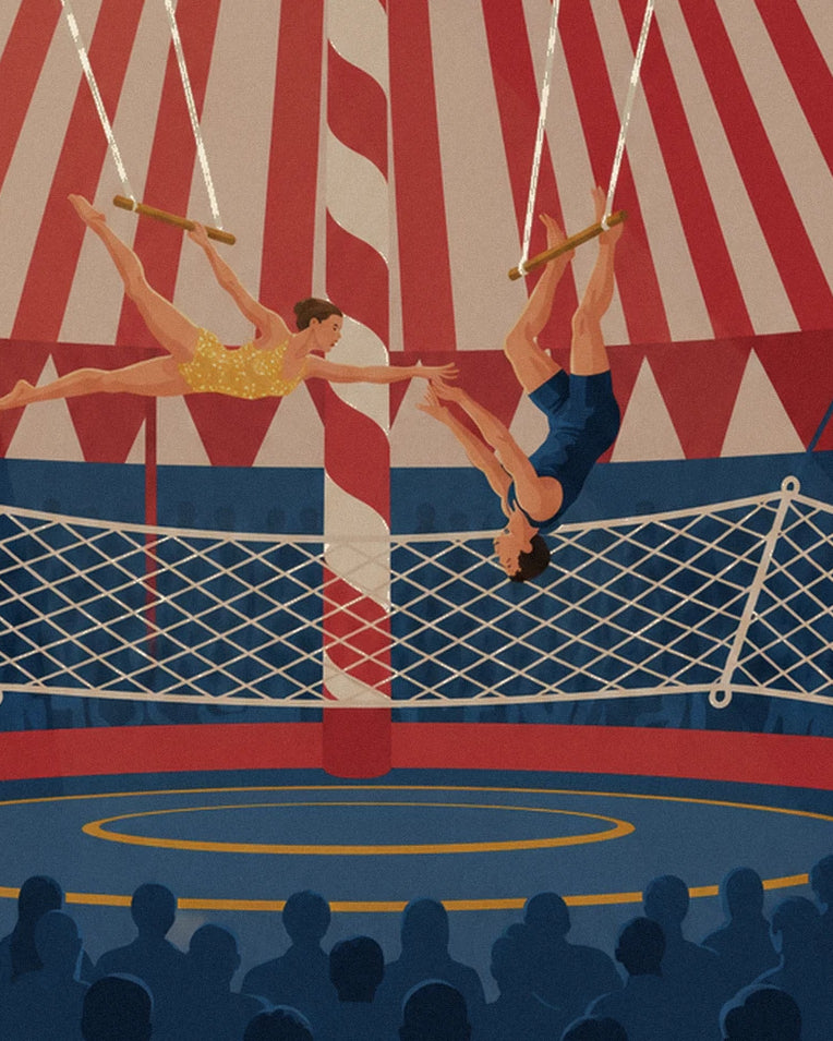 Trapeze artists under a striped circus tent poster: close-up detail