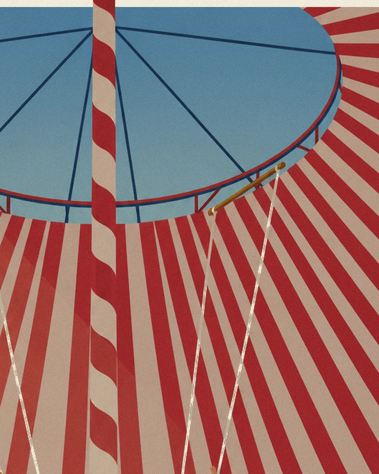 Trapeze artists under a striped circus tent poster: close-up detail