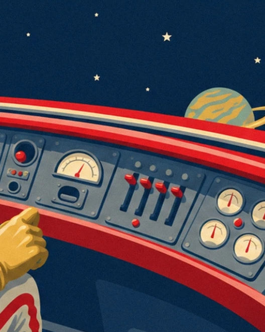 The dashboard with cream dials and 4 red levers facing the stars