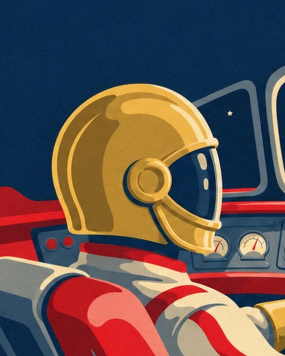 The pilot in profile wearing a golden helmet with a visor in the cockpit