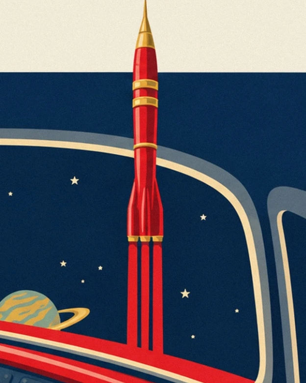 A red rocket with a golden tip against a starry sky and a ringed planet