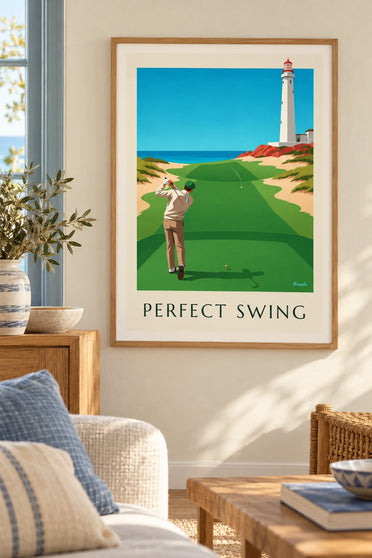 Plakat med golfspiller midt i et swing på en linksbane ved klippekanten: indrammet på væggen