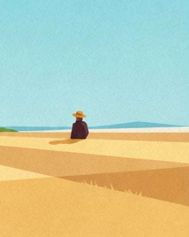 A figure in a straw hat in the golden field beneath a blue sky