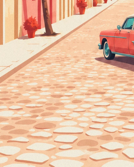 Pale cobbles, red flower pots along the pink façades and a red car on the right