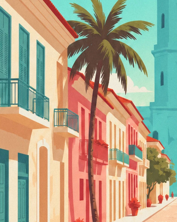 Pink and ochre façades with turquoise balconies and a tall palm tree