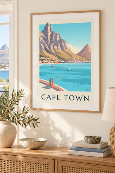Plakat med Taffelbjerget og Lion's Head i Cape Town: indrammet på væggen