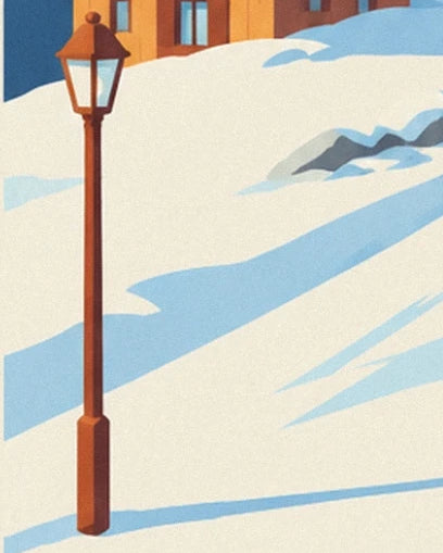 A brown lamp post on snow with blue shadows, at the foot of the wooden façades