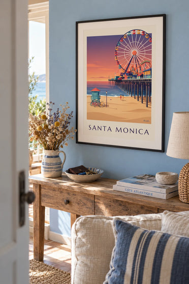 Affiche jetée de Santa Monica au coucher du soleil : encadrée au mur