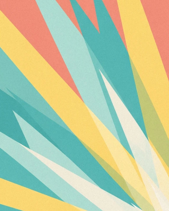 Turquoise, yellow and cream beams converging downwards against a coral background