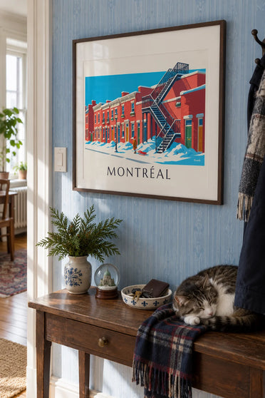 Plakat med trapper på Plateau-Mont-Royal i sne i Montreal: indrammet på væggen