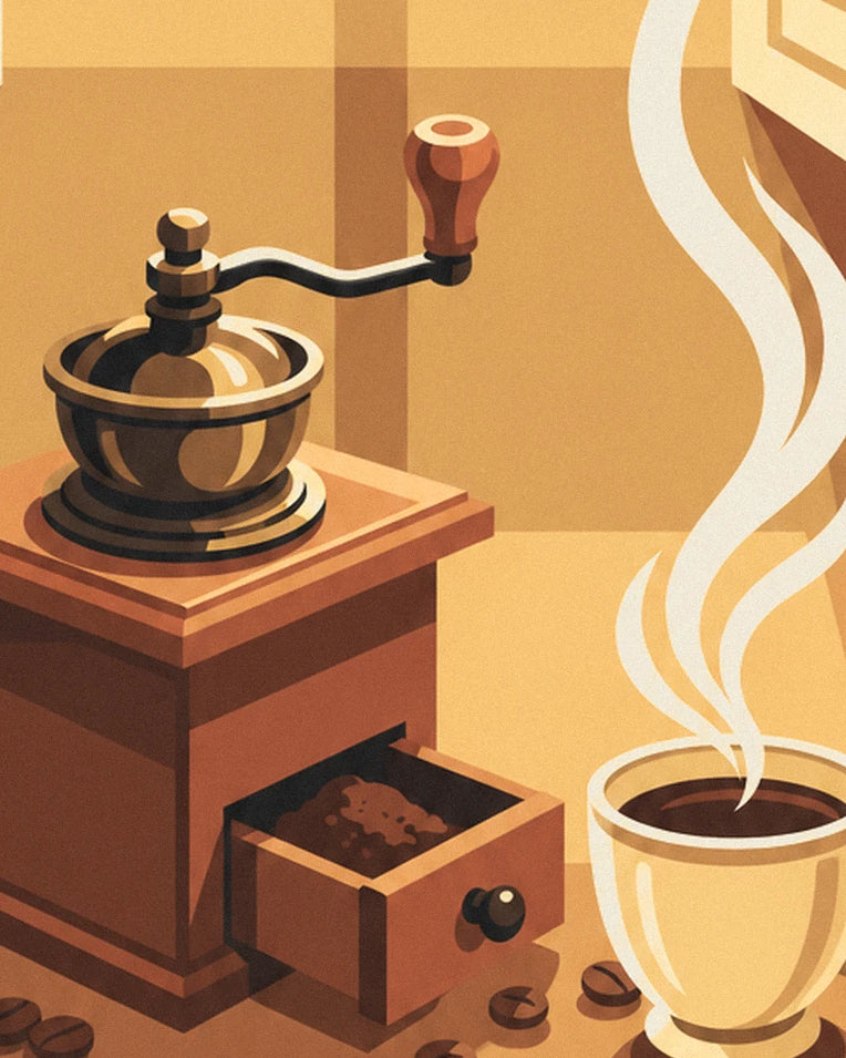 Wooden coffee grinder and coffee beans poster: close-up detail