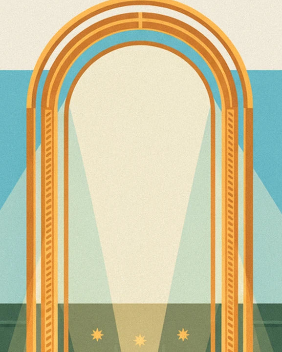 The golden arch with concentric lines, against a turquoise backdrop and cream beams of light