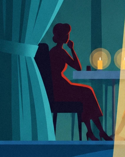 A woman in the audience shown in silhouette, with her legs crossed near a candlelit table